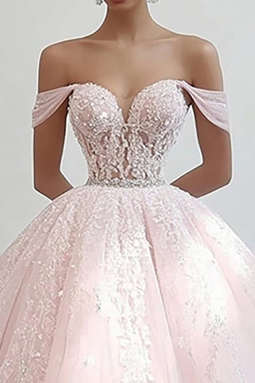 Prinsesse Pink Balkjole Off the Shoulder Tyl Quinceanera kjole med applikationer